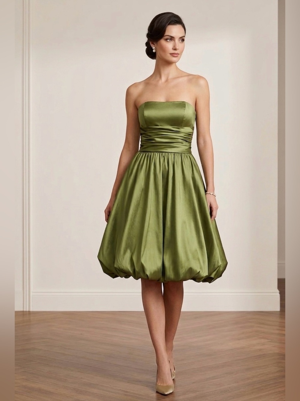 David's Bridal Olive Green Satin Strapless Bubble Hem Dress Bow NWOT Size 12
